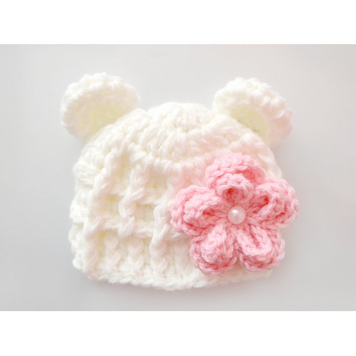 Wool crochet bear hat, Cream baby girl hat with flower, Baby